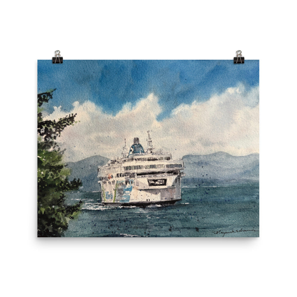 Coastal Inspiration Approaching Duke Point watercolor print displayed with two black binder clips against a white background; Coastal Inspiration approaching Duke Point head-on across deep blue water, with an evergreen foreground, distant mountains and billowing white clouds.