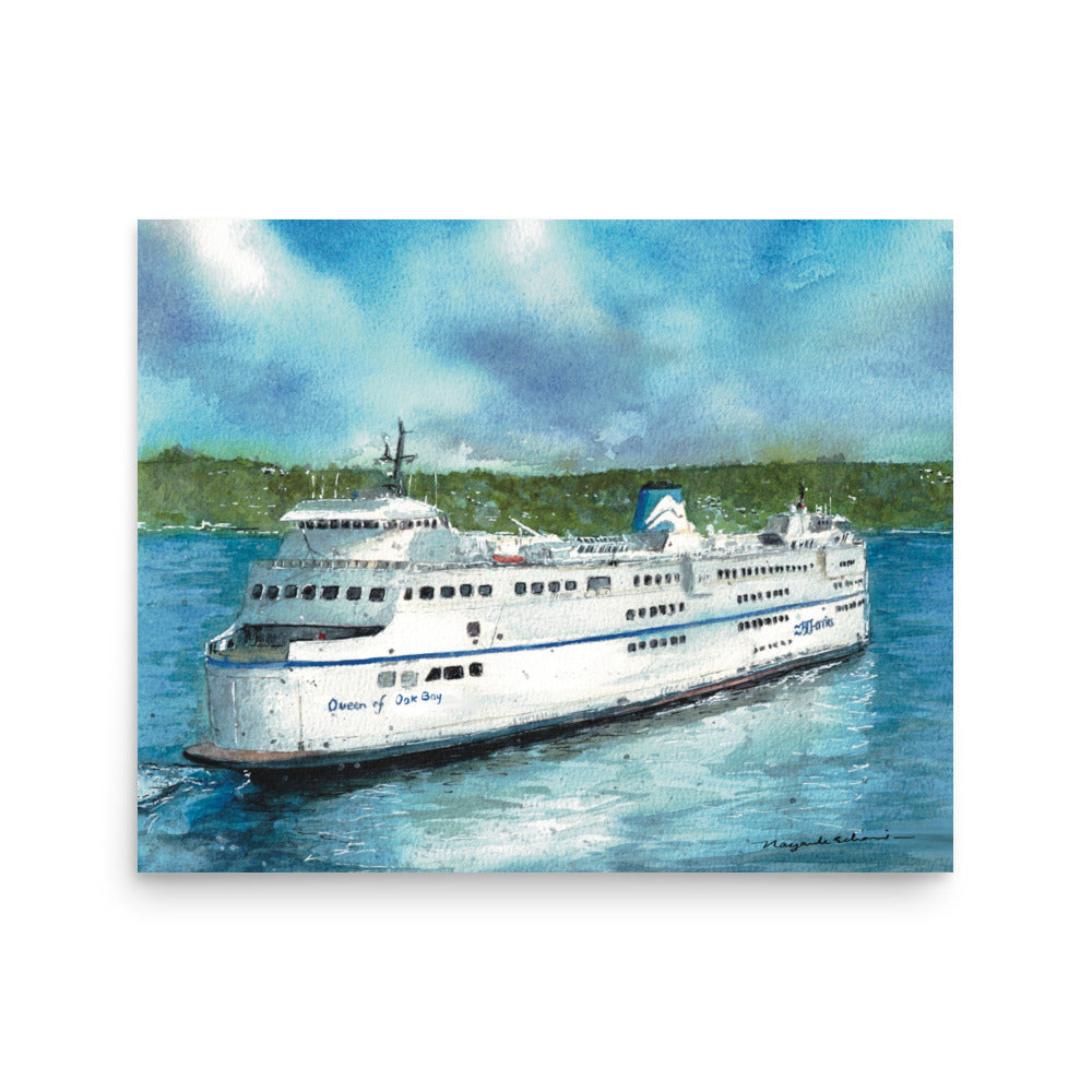 Queen of Oak Bay watercolor print by Mayank Rehani, shown against a white background: a white ferry with blue trim crossing turquoise water beneath a cloudy blue sky and wooded shoreline.