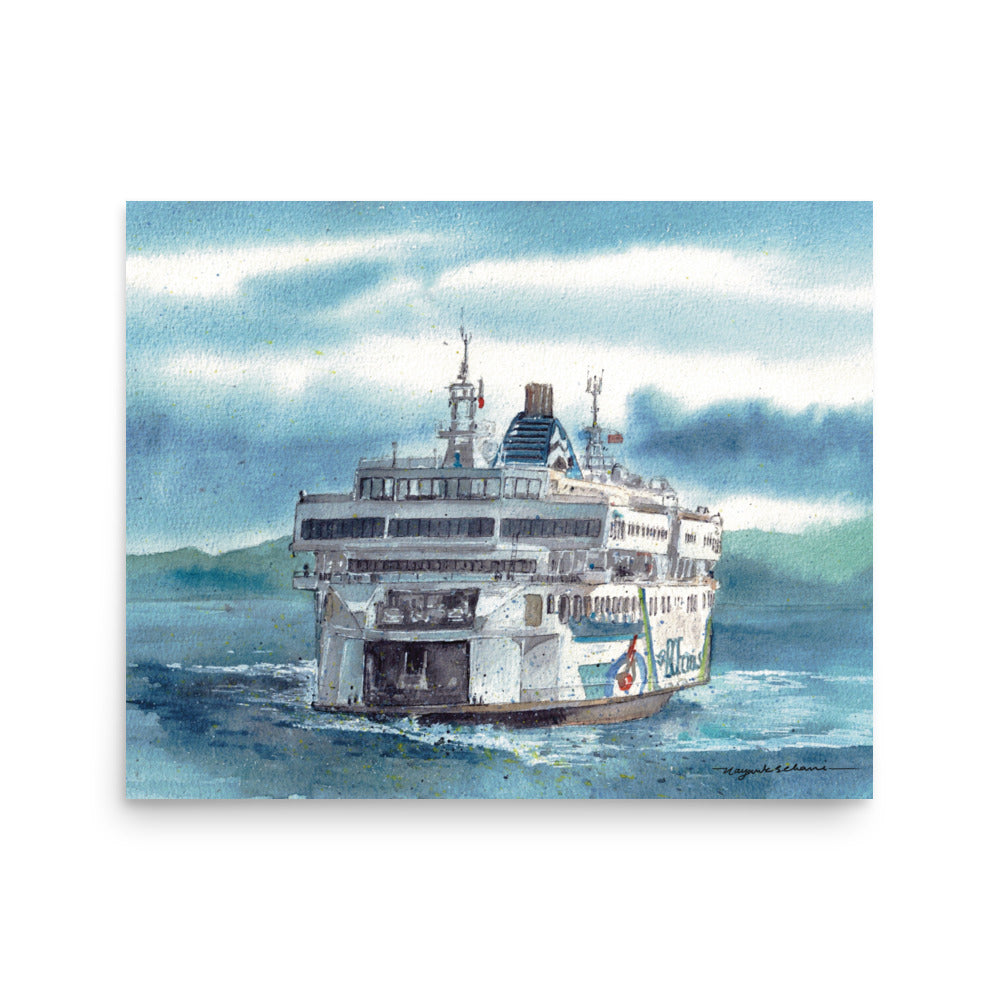 stern view of Coastal Inspiration nearing the dock through textured blue water, with a trailing wake, layered clouds and distant green mountains, shown as an unframed landscape watercolor print against a white background.