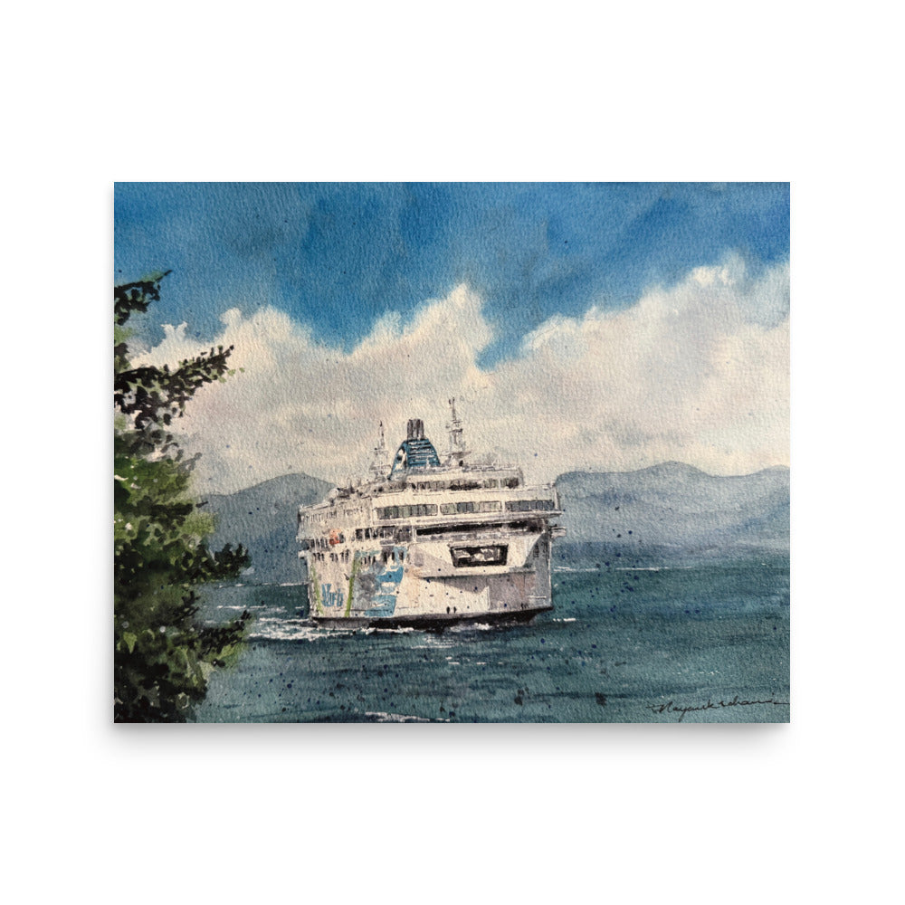 Coastal Inspiration approaching Duke Point head-on across deep blue water, with an evergreen foreground, distant mountains and billowing white clouds, shown as an unframed landscape print against a white background.