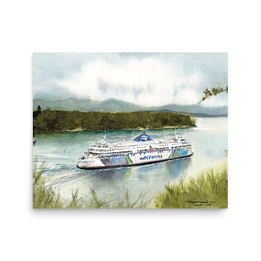 Coastal Renaissance travelling through blue-green water in Active Pass, framed by grassy shoreline, forested islands and misty mountains, shown as an unframed landscape print against a white background.