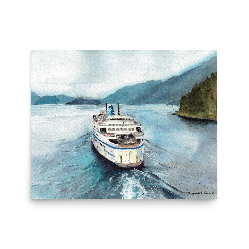 stern view of Queen of Cowichan departing Horseshoe Bay through calm blue and turquoise water, leaving a bright wake between forested shoreline and misty coastal mountains, shown as an unframed landscape watercolor print against a white background.