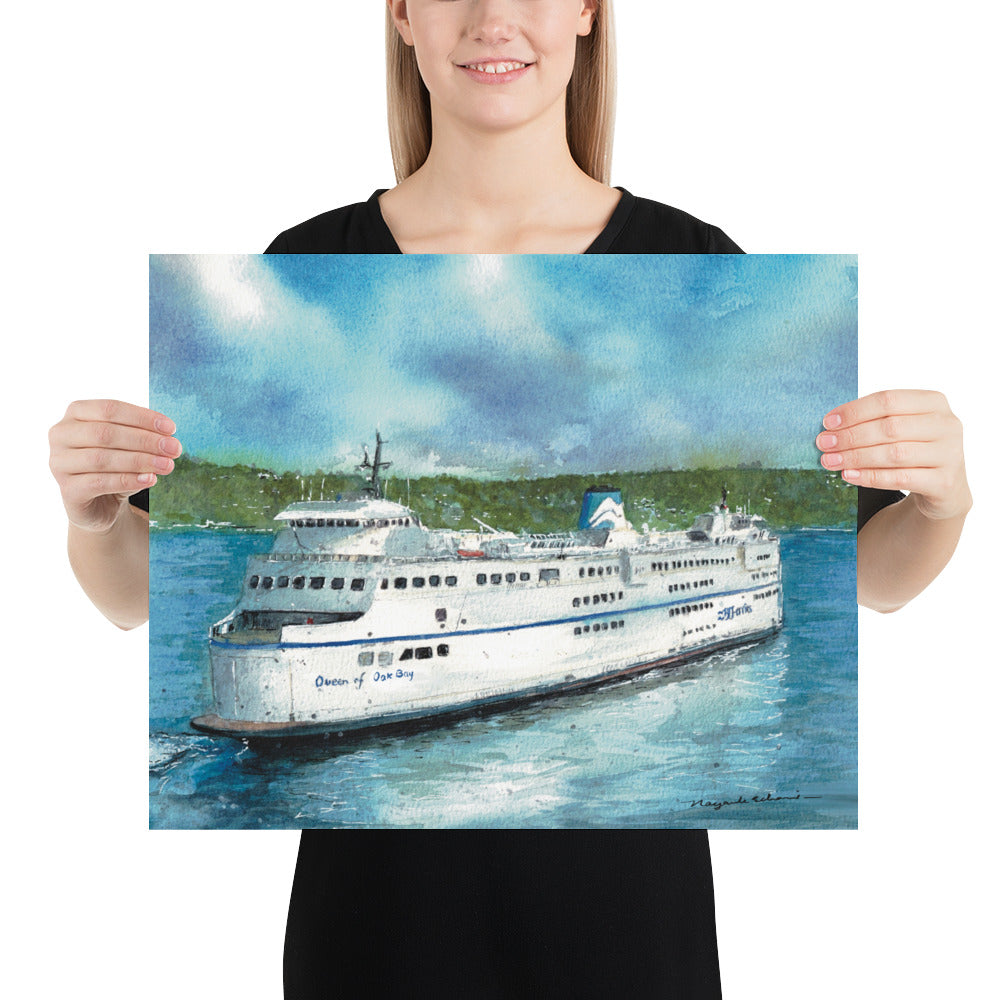 Model in a black top holding the unframed Queen of Oak Bay landscape print in front of her torso, showing the ferry's white decks, blue trim and reflections in turquoise coastal water.