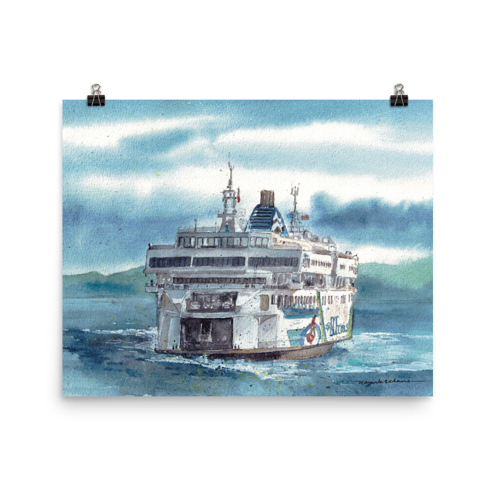 Coastal Inspiration Arriving at the Dock watercolor print displayed with two black binder clips against a white background; stern view of Coastal Inspiration nearing the dock through textured blue water, with a trailing wake, layered clouds and distant green mountains.