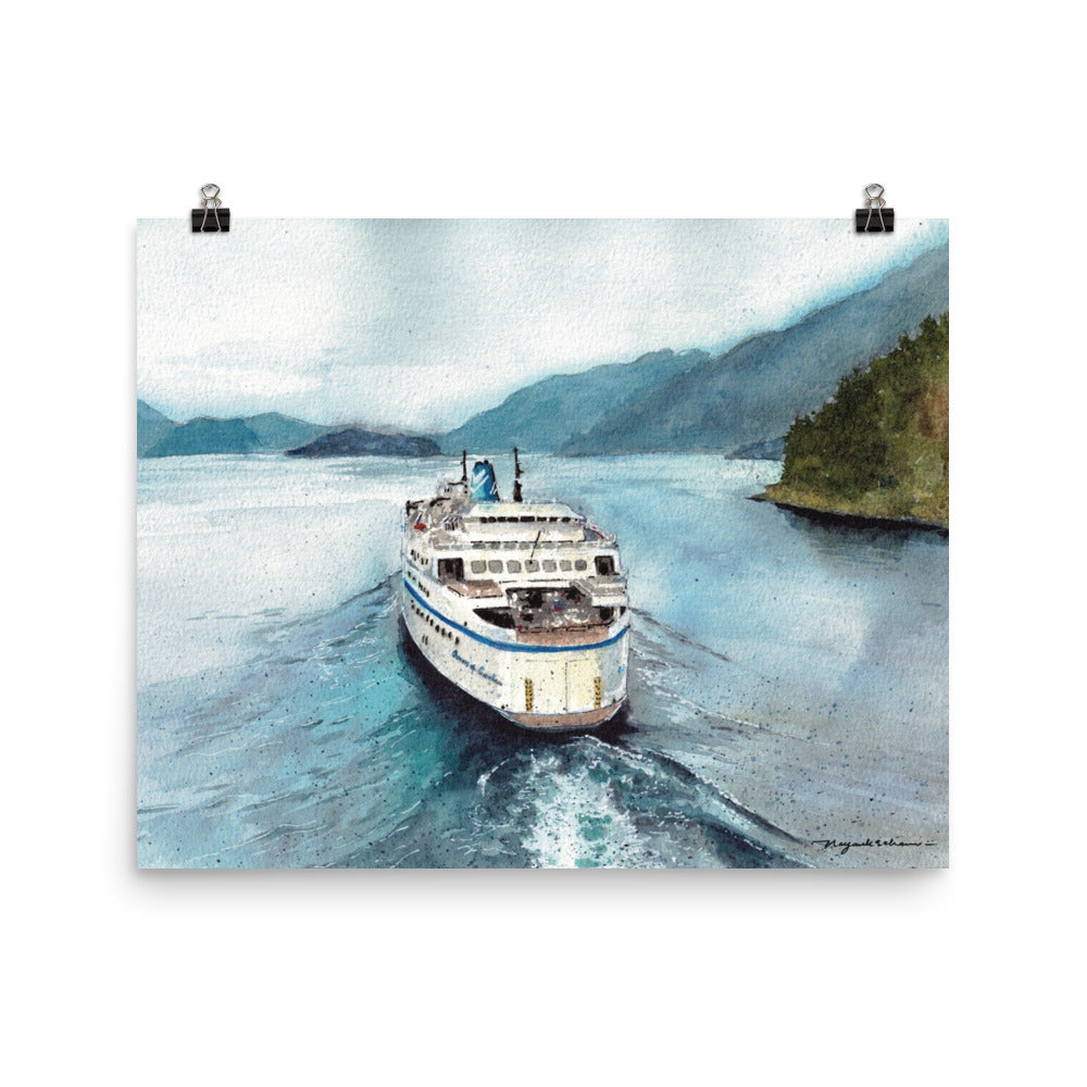 Queen of Cowichan Departing Horseshoe Bay watercolor print displayed with two black binder clips against a white background; stern view of Queen of Cowichan departing Horseshoe Bay through calm blue and turquoise water, leaving a bright wake between forested shoreline and misty coastal mountains.